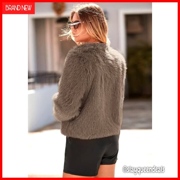 Women's Faux Fur Cropped Jacket Fleece Winter Coat Long Sleeve Pockets - Picture 5 of 7